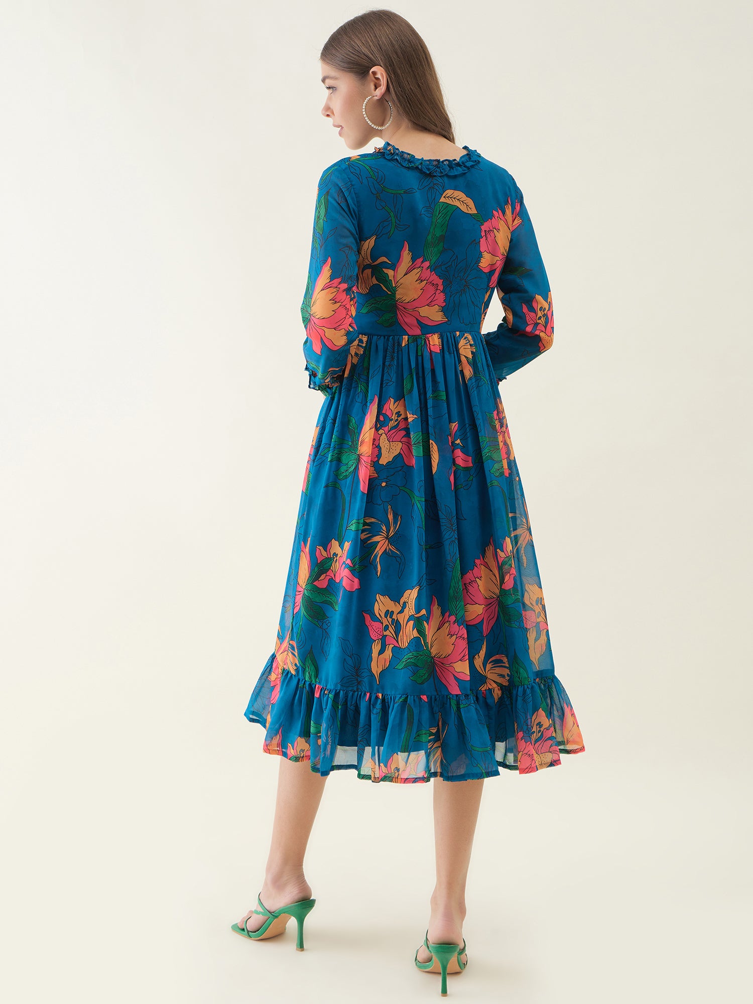 Blue Floral Lotus Printed Dlared Dress