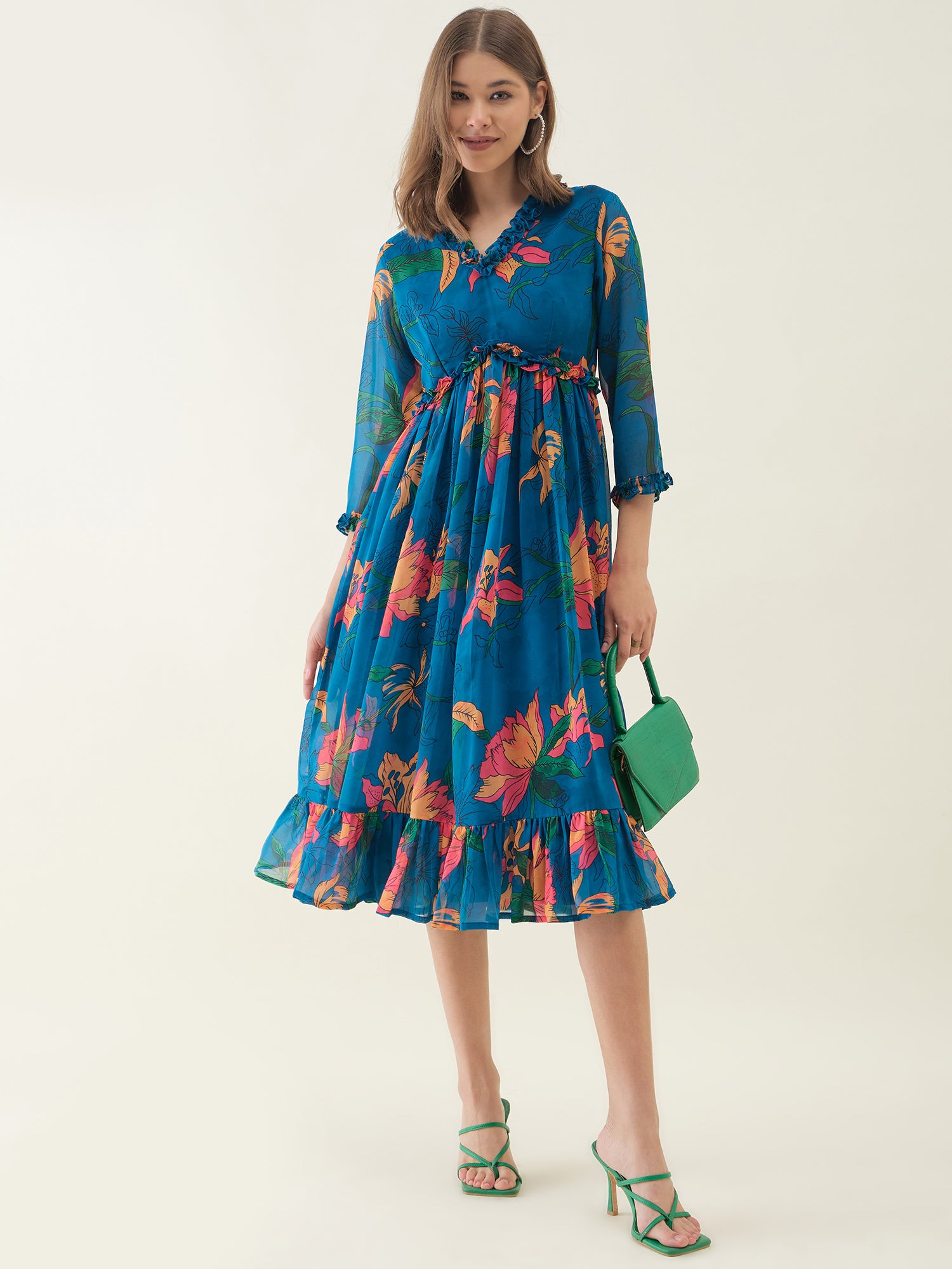Blue Floral Lotus Printed Dlared Dress