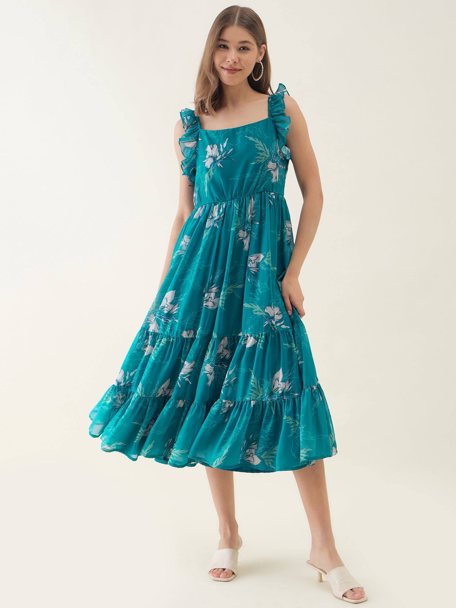 Blue Floral Printed Flared Sleeveless Dress