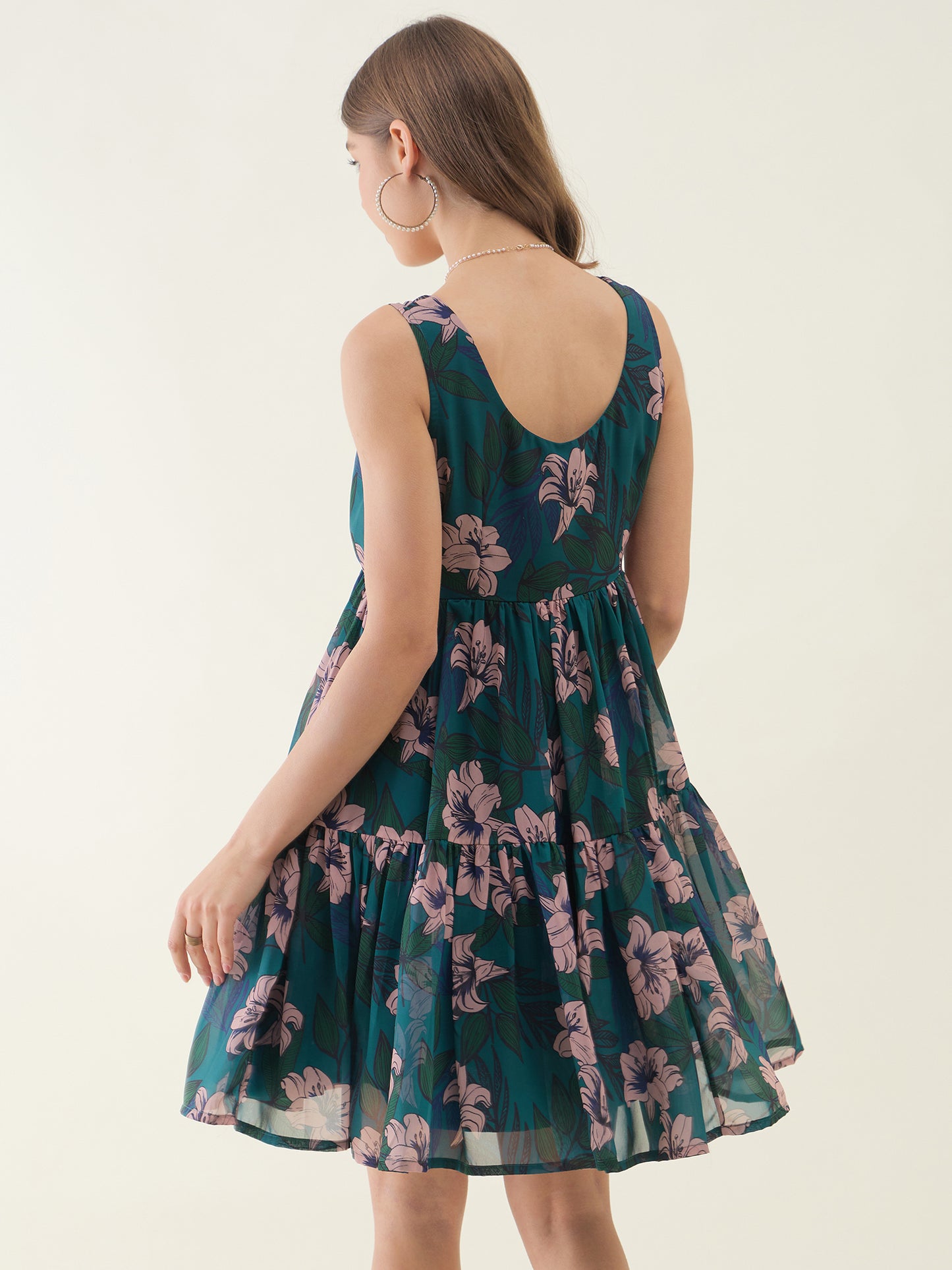 Peacock Blue Floral Printed Mini Dress