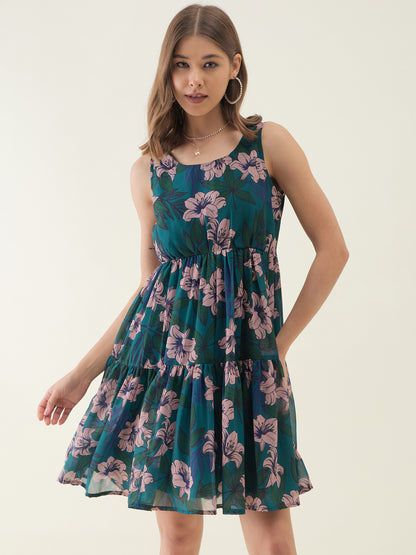 Peacock Blue Floral Printed Mini Dress