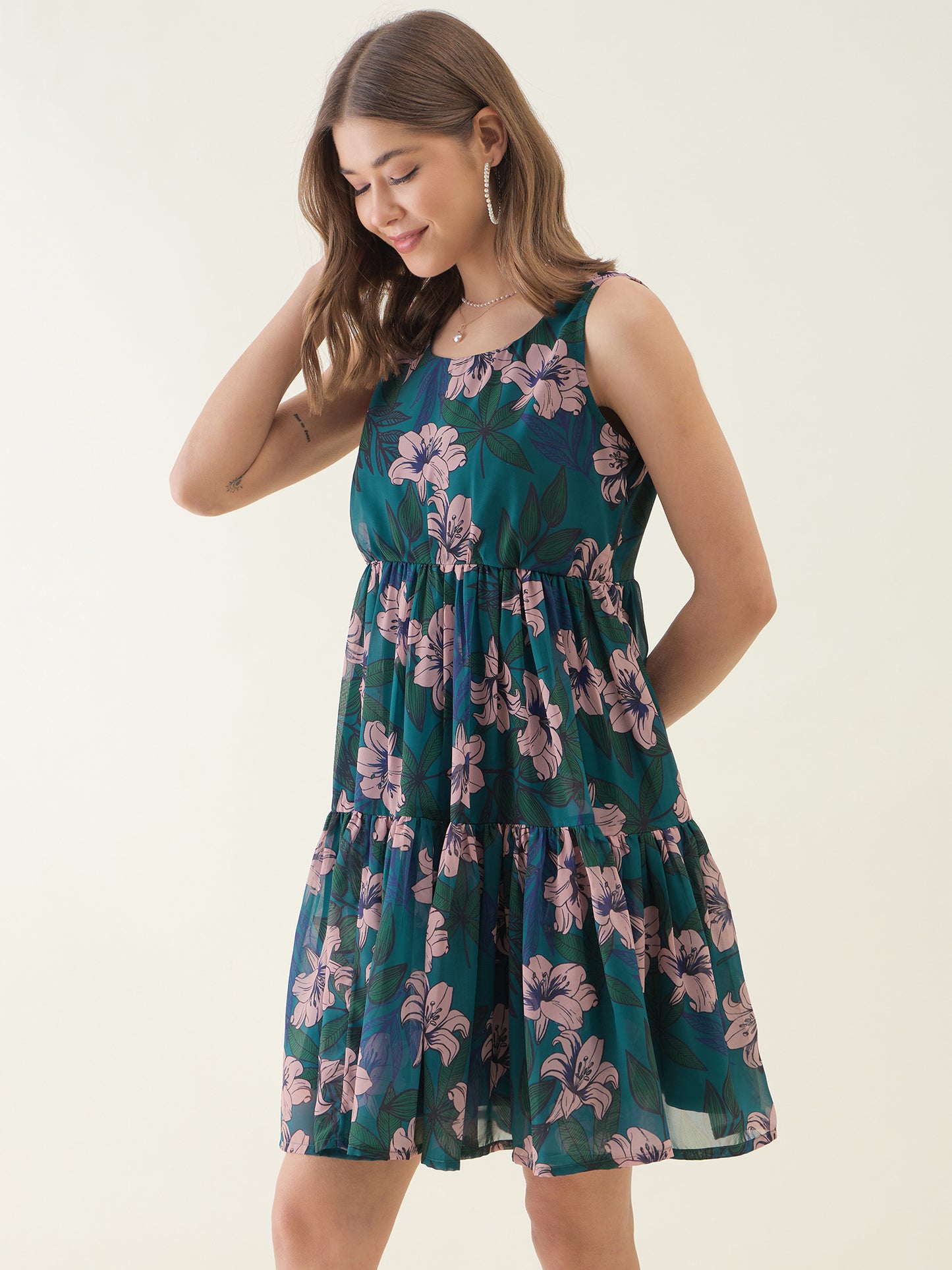 Peacock Blue Floral Printed Mini Dress