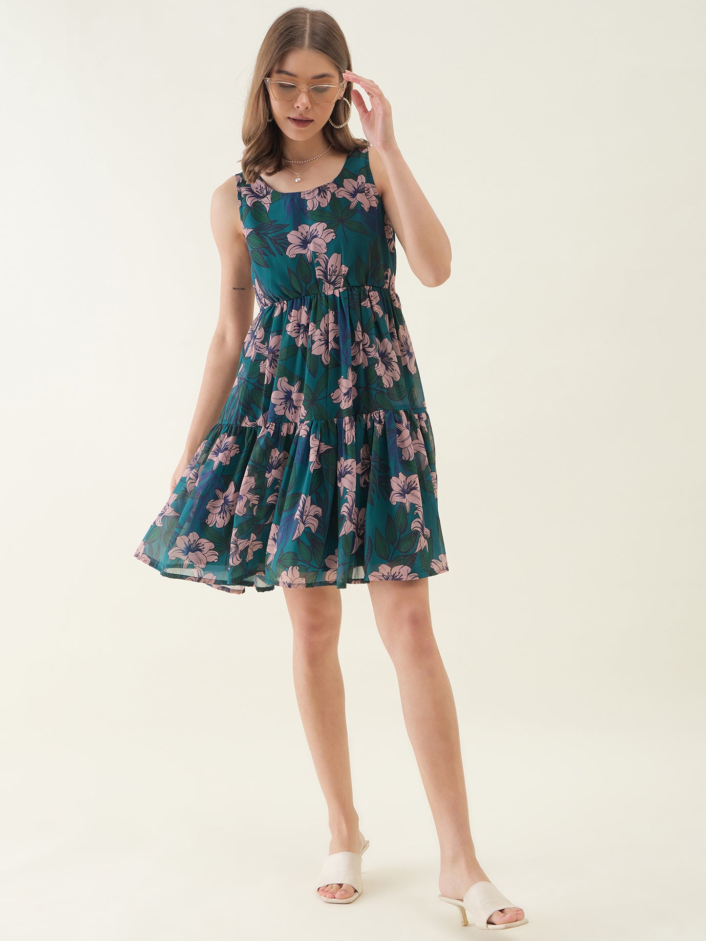 Peacock Blue Floral Printed Mini Dress