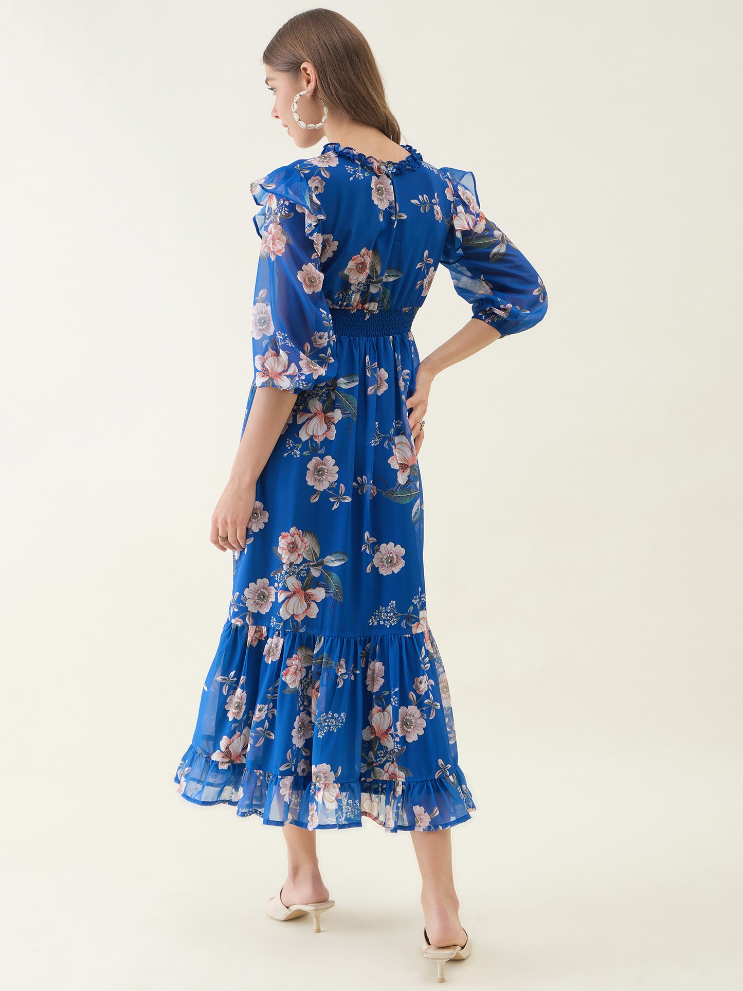 Blue Floral Printed Long Maxi Dress