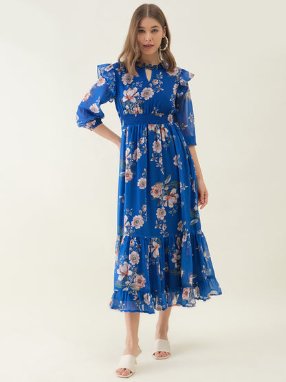 Blue Floral Printed Long Maxi Dress