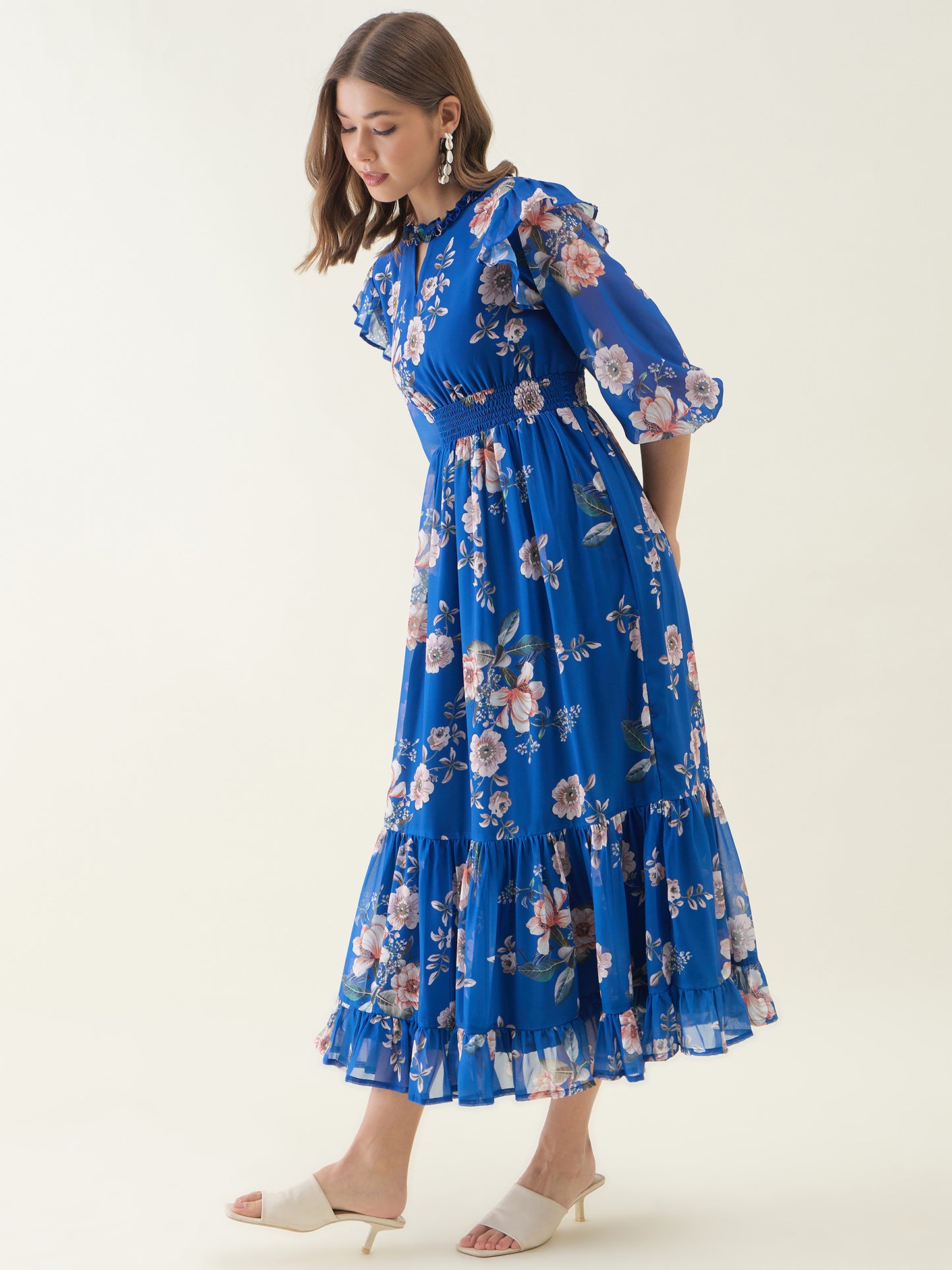 Blue Floral Printed Long Maxi Dress