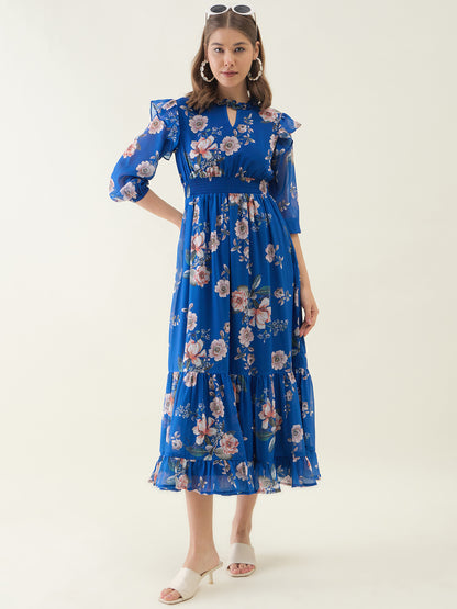 Blue Floral Printed Long Maxi Dress