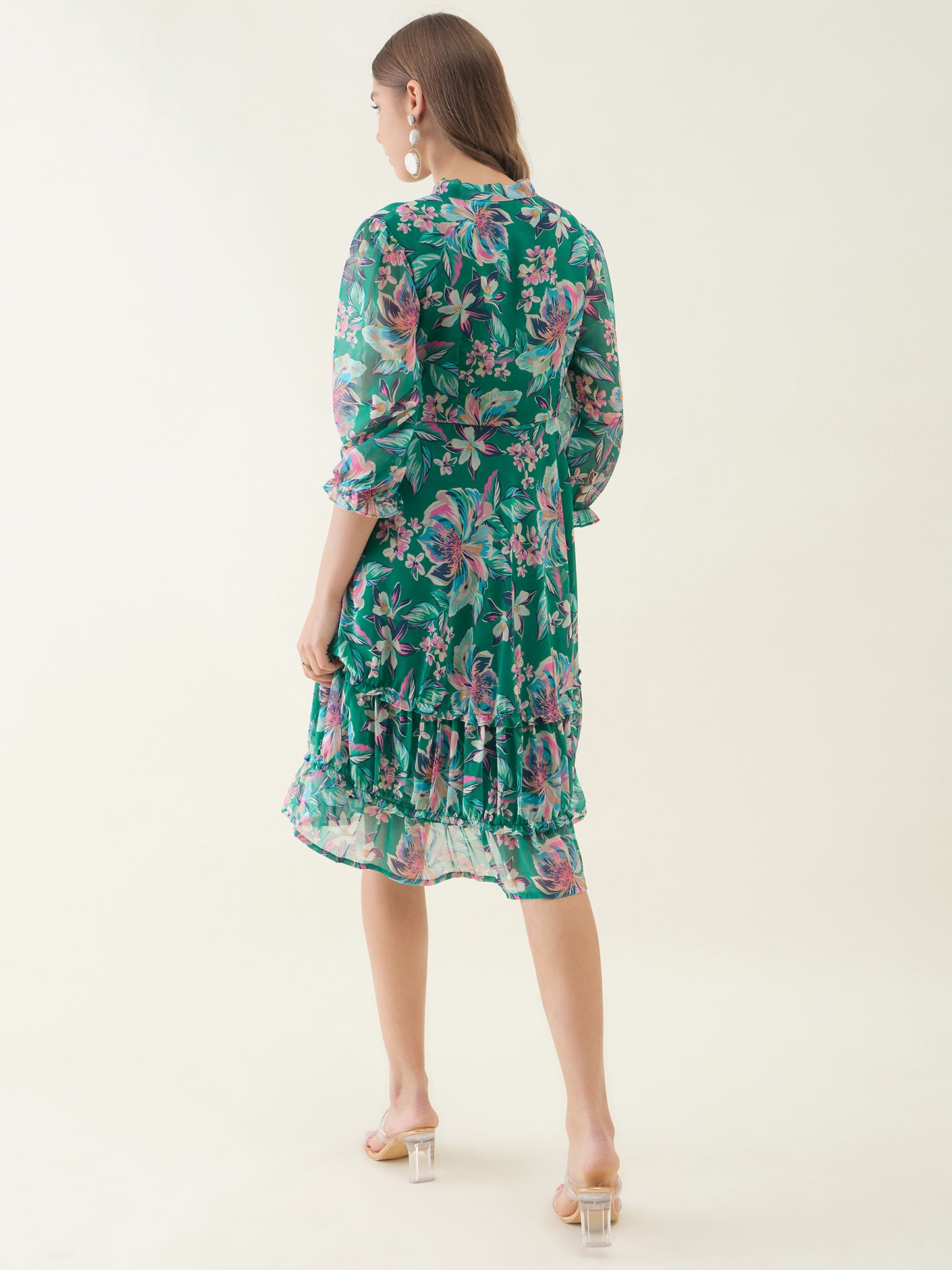 Green and Pink Floral Printed Fit & Flare Dress