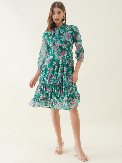 Green and Pink Floral Printed Fit & Flare Dress