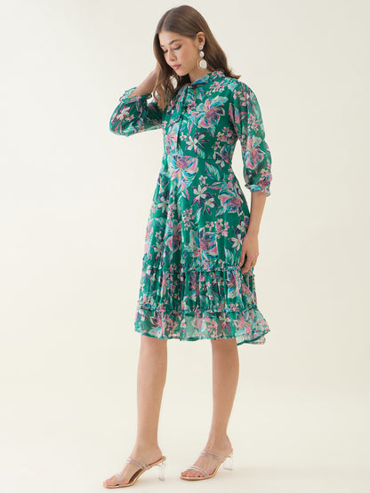 Green and Pink Floral Printed Fit & Flare Dress