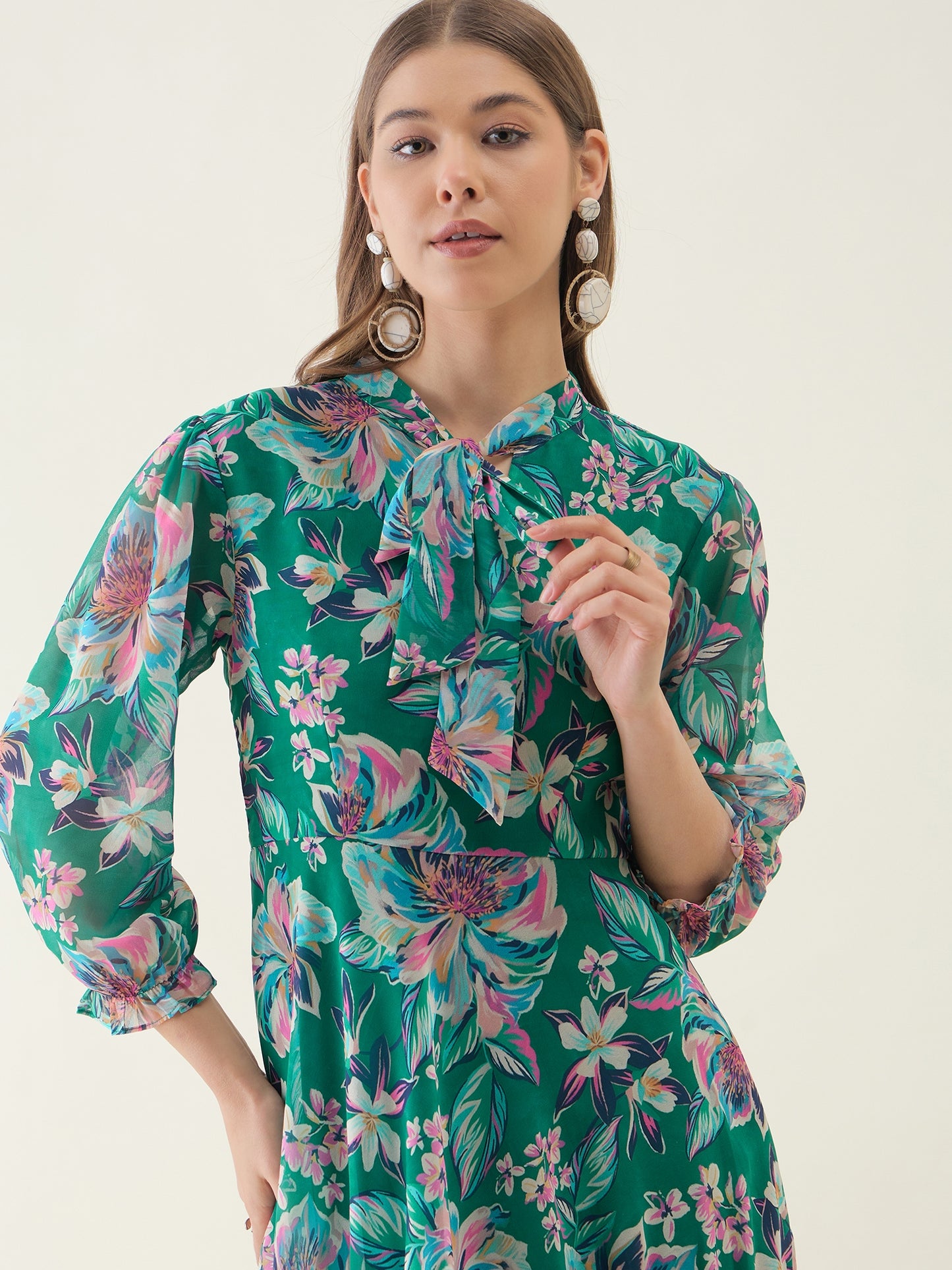 Green and Pink Floral Printed Fit & Flare Dress