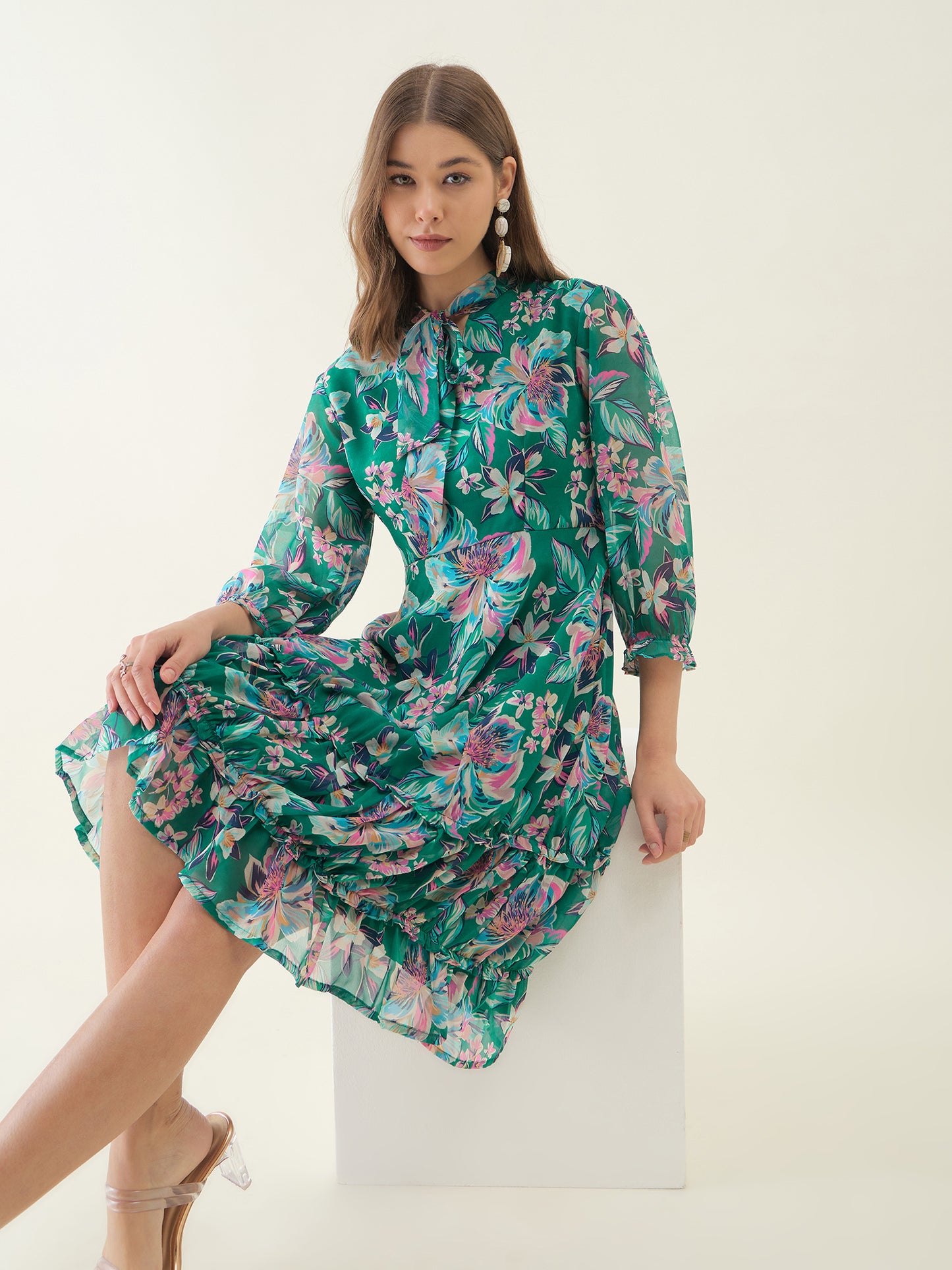 Green and Pink Floral Printed Fit & Flare Dress