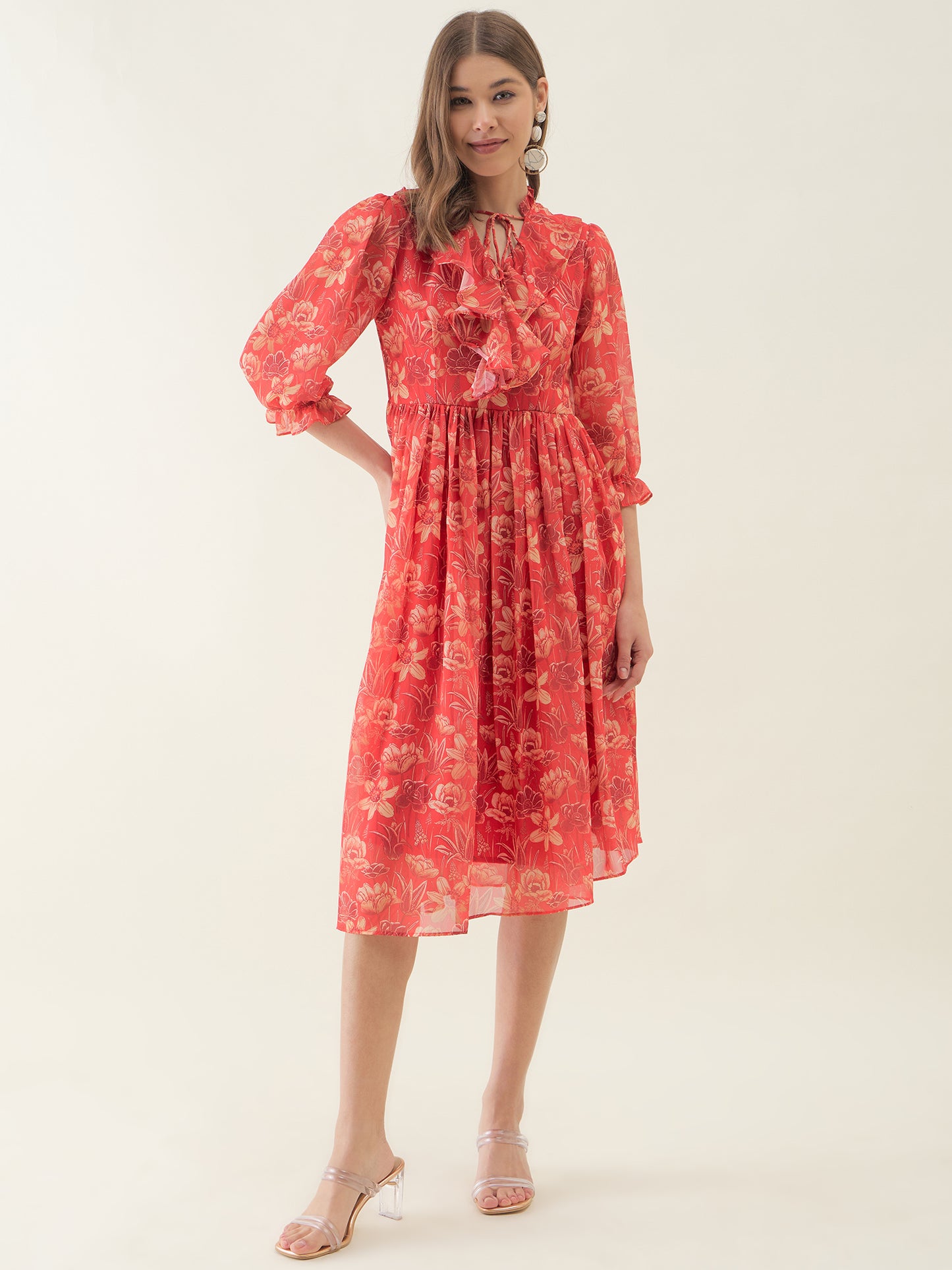 Red Floral Printed High-Low Flared Dress