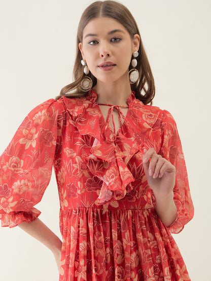 Red Floral Printed High-Low Flared Dress