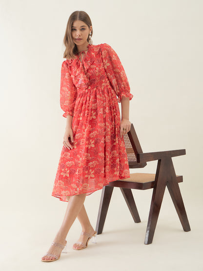 Red Floral Printed High-Low Flared Dress