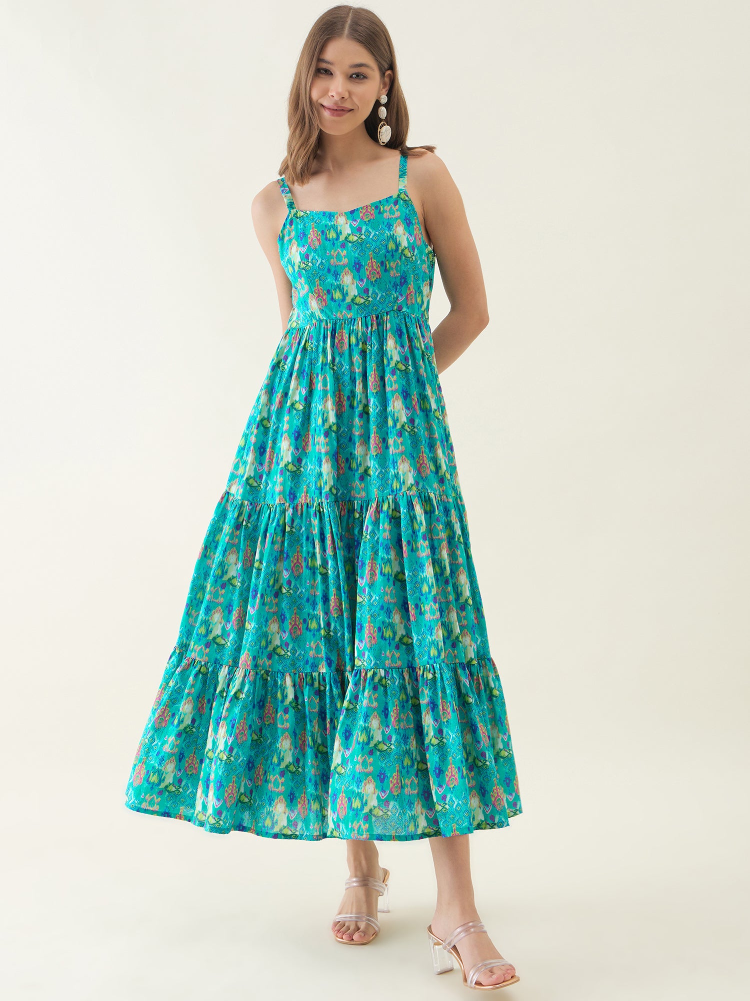 Teal Blue Floral Printed Frilled Maxi Dress