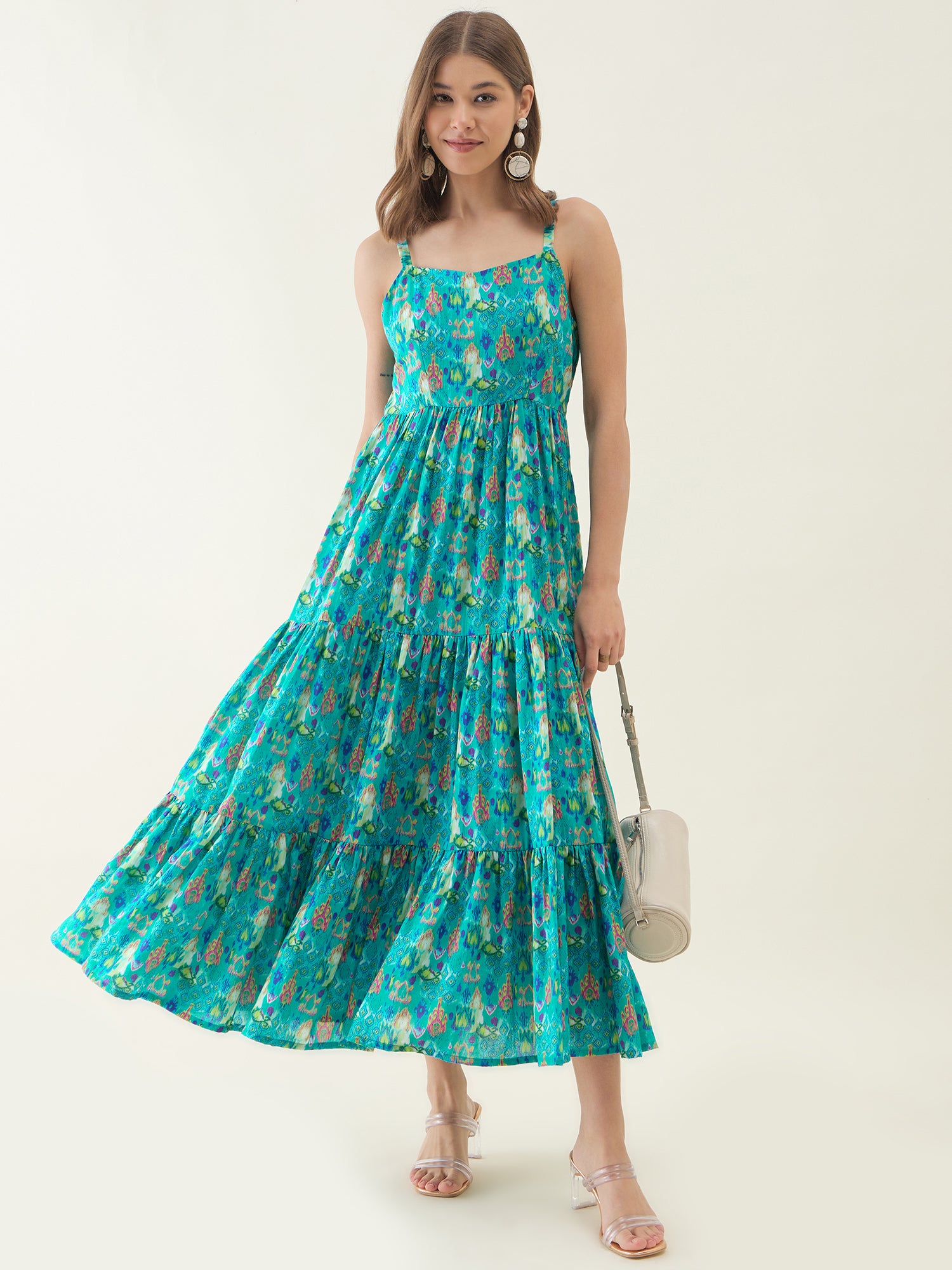 Teal Blue Floral Printed Frilled Maxi Dress