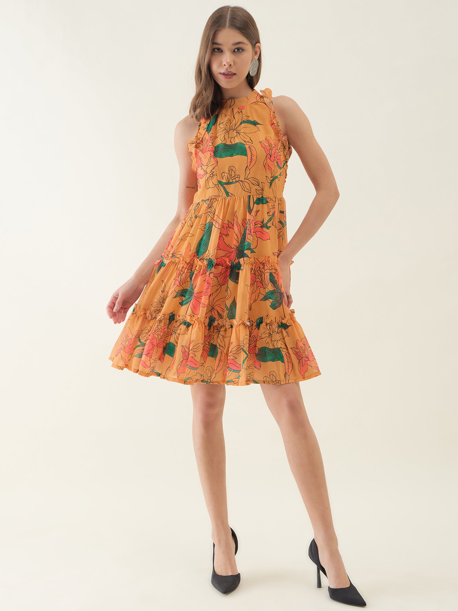 Yellow Lotus Printed Flared Dress