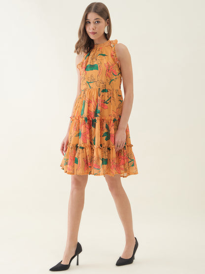 Yellow Lotus Printed Flared Dress