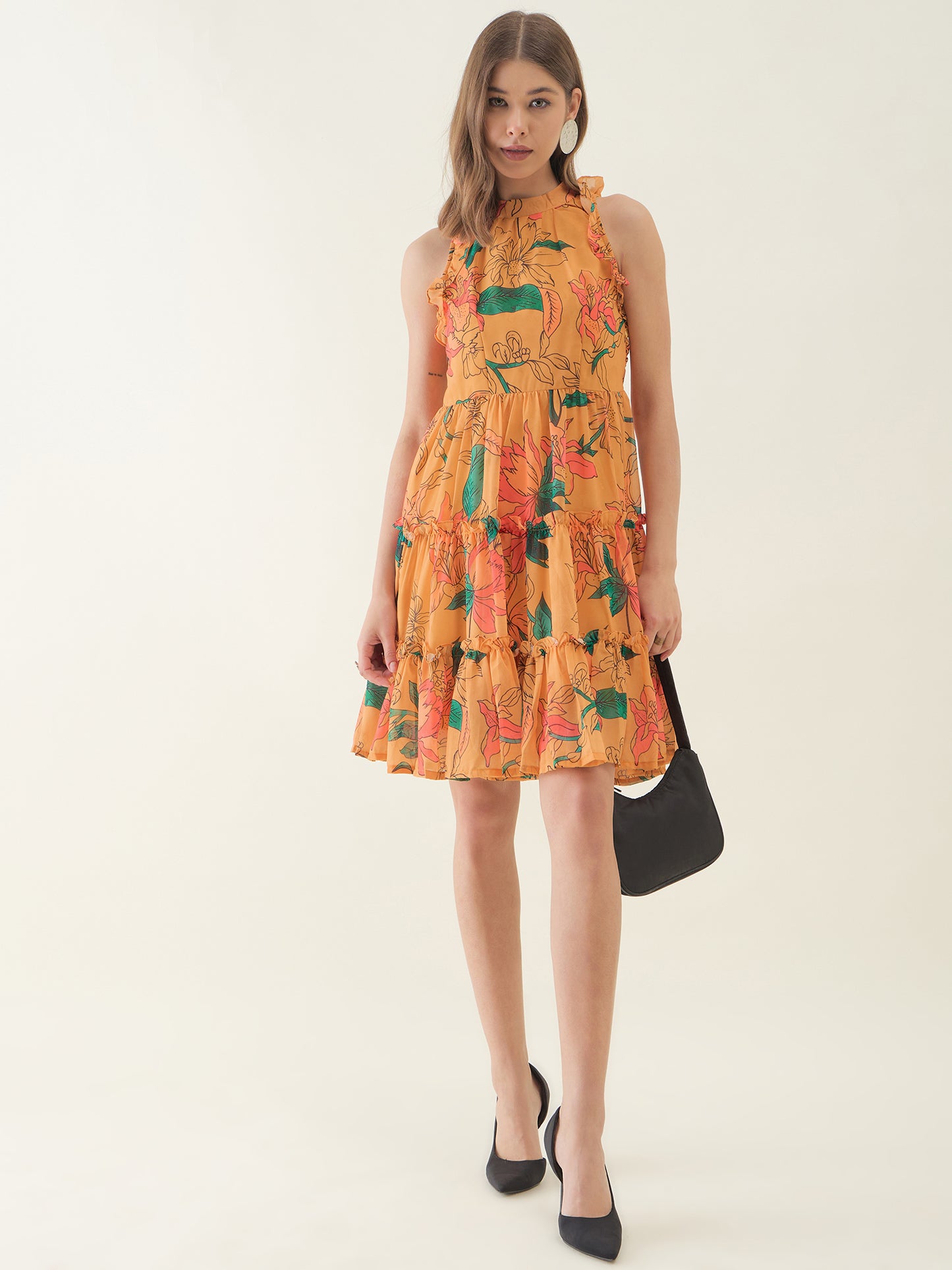 Yellow Lotus Printed Flared Dress