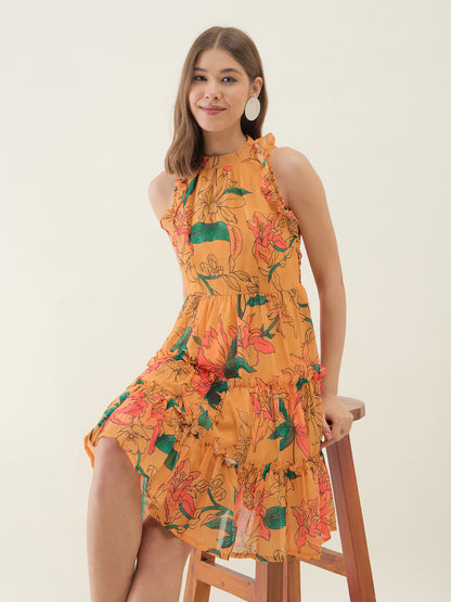 Yellow Lotus Printed Flared Dress