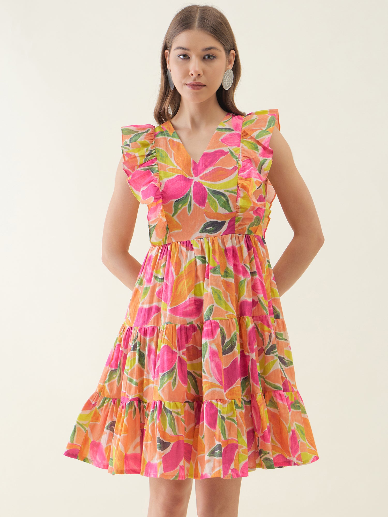 Multi Floral Printed Flared Mini Dress