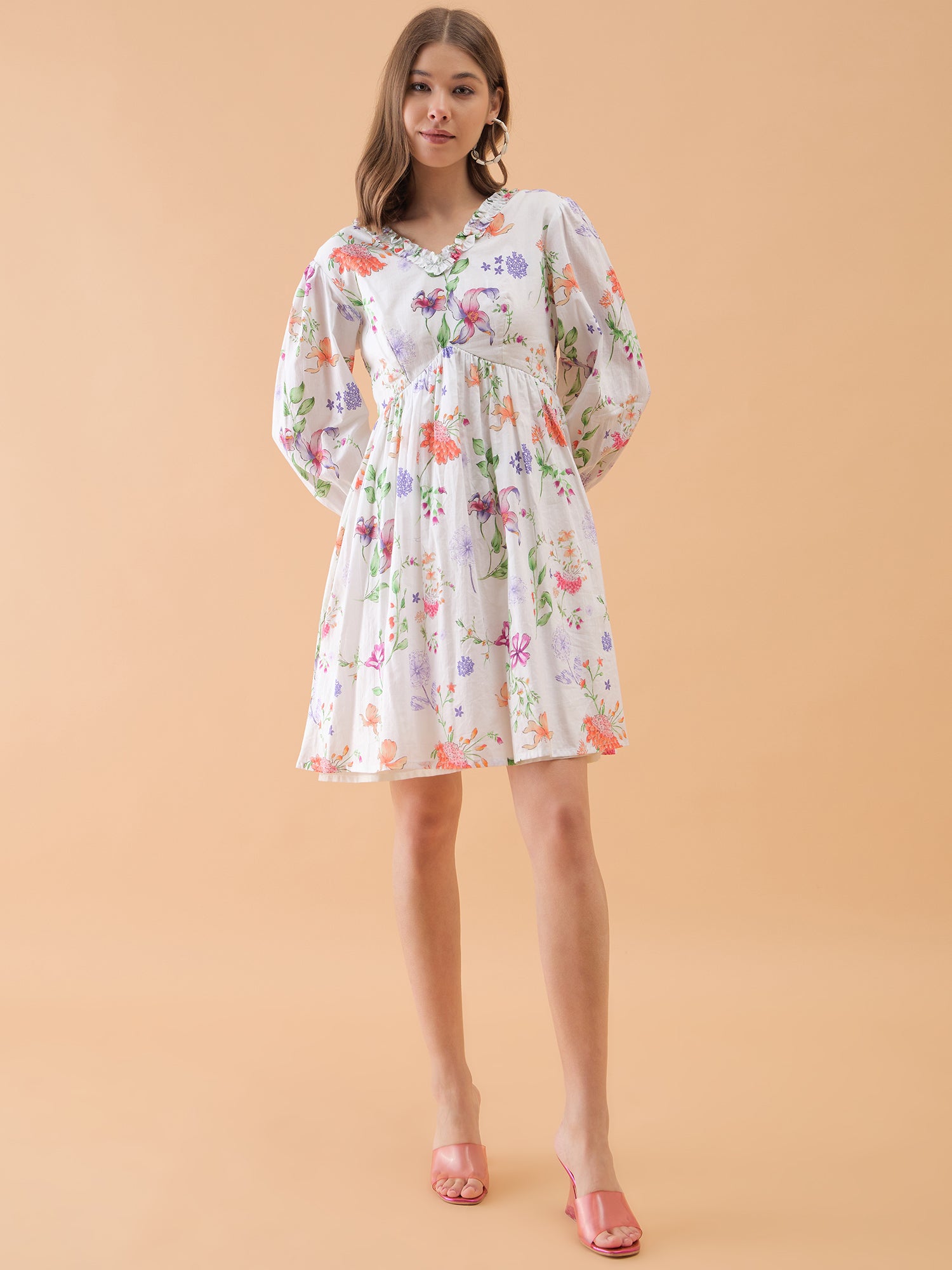 White Floral Print Fit & Flared Mini Dress