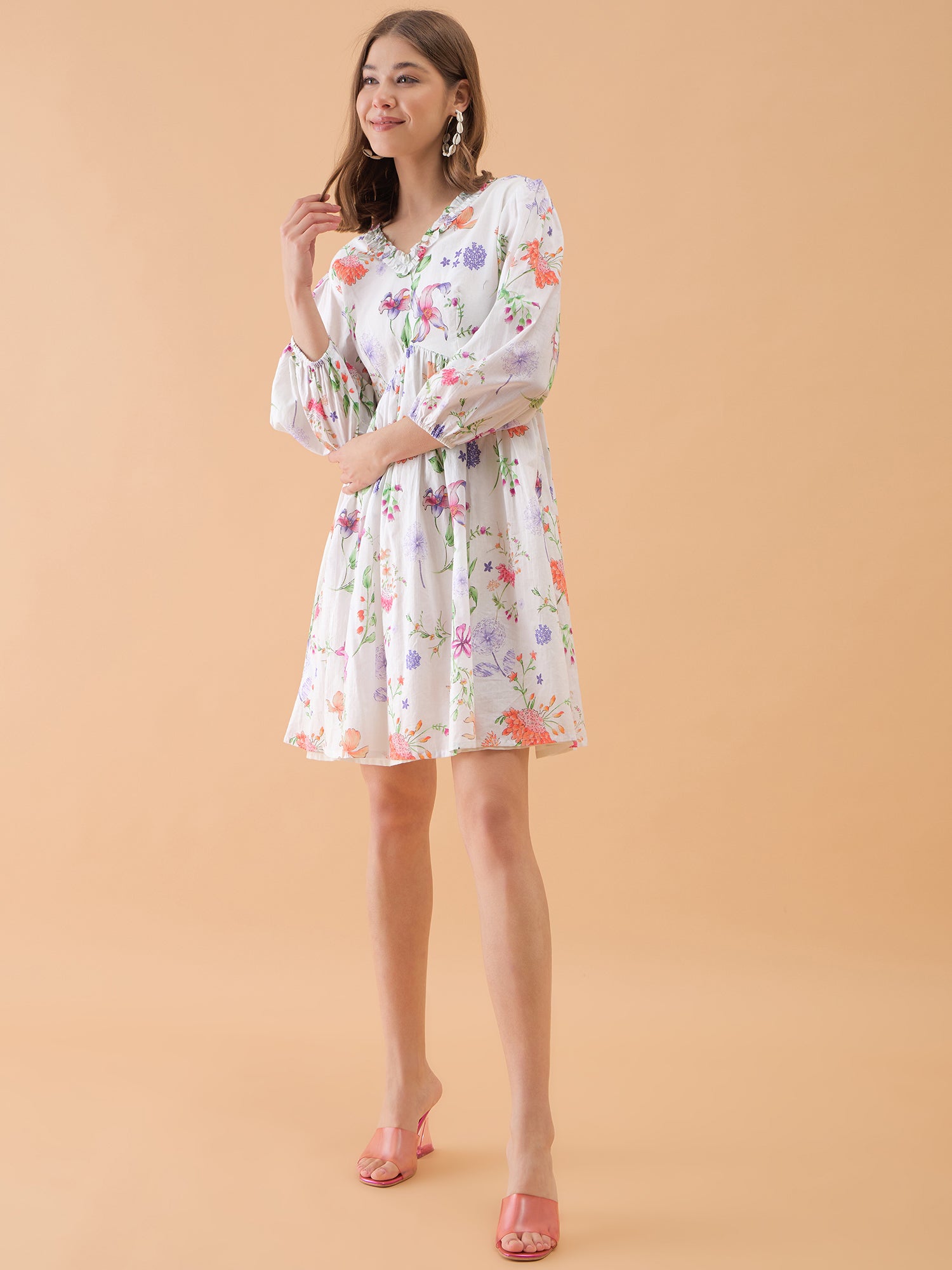 White Floral Print Fit & Flared Mini Dress