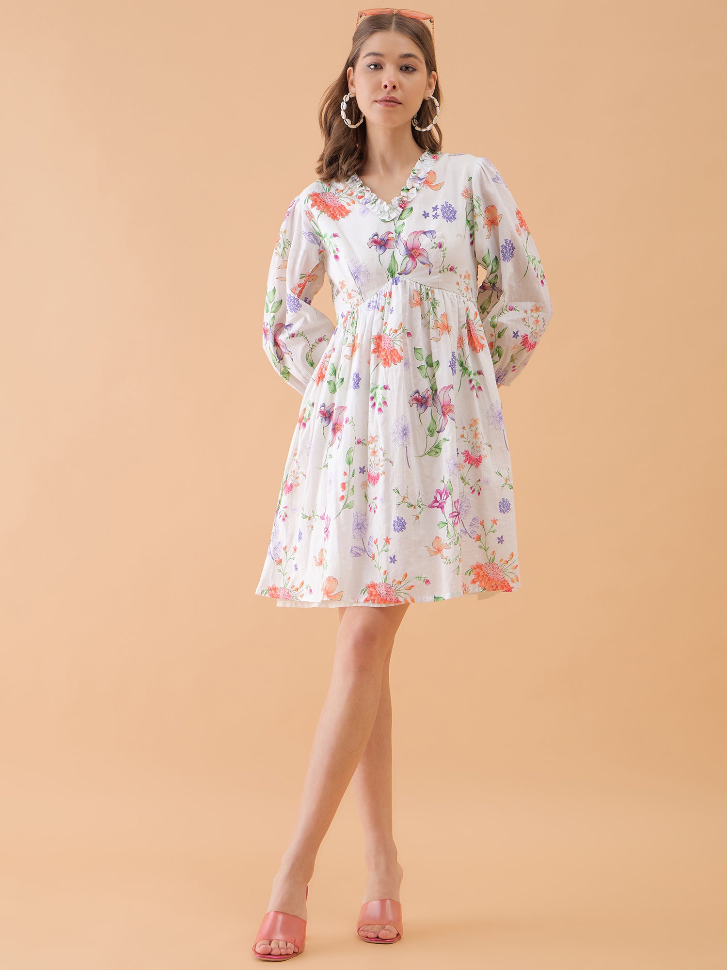 White Floral Printed Mini Dress