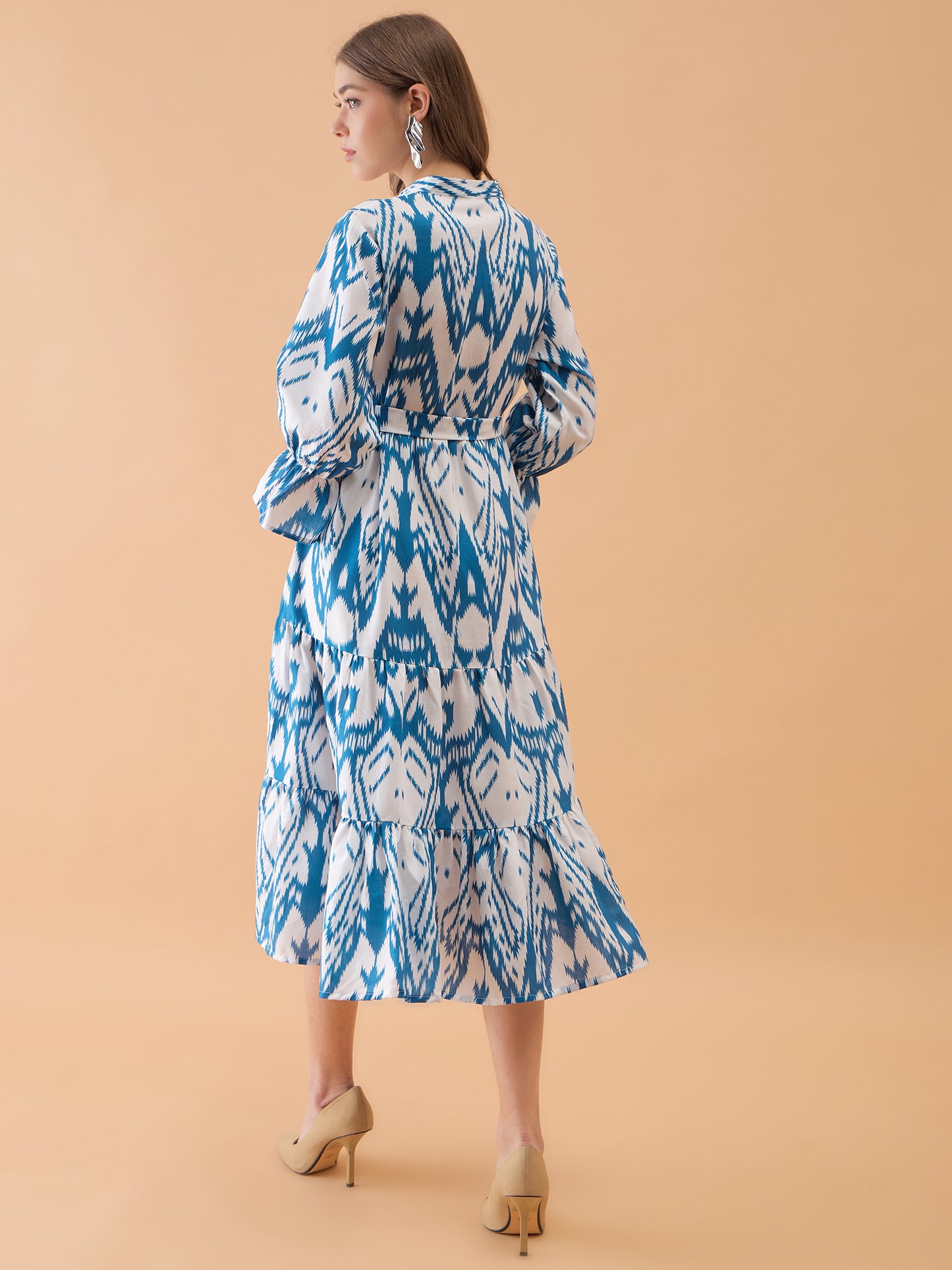 White & Blue Abstract Printed Flared Dress