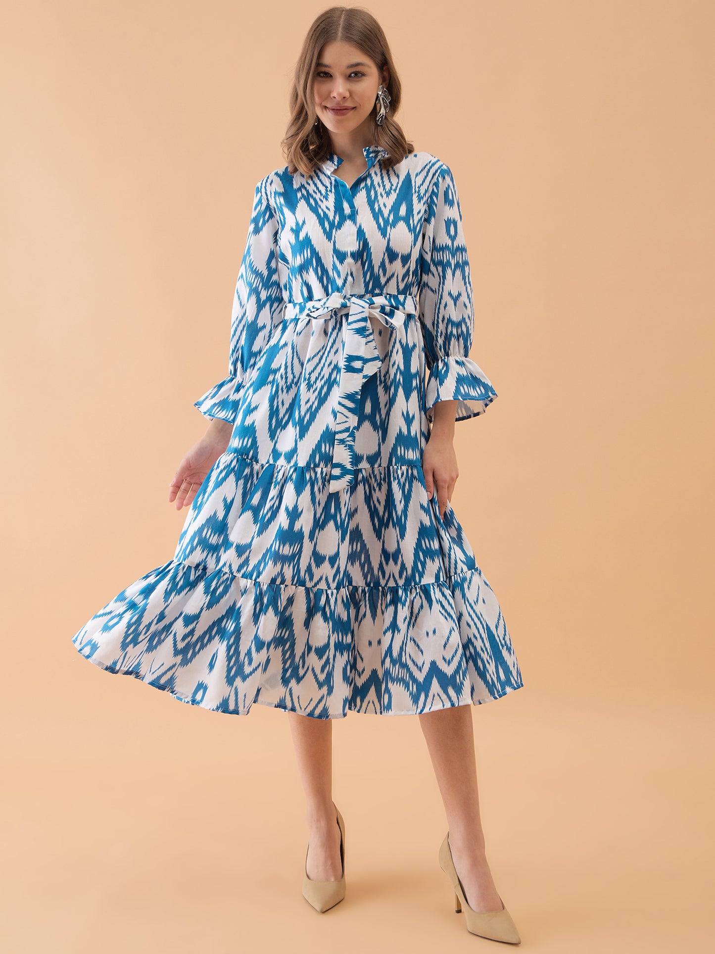 White & Blue Abstract Printed Flared Dress