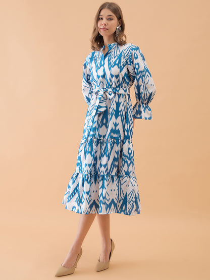 White & Blue Abstract Printed Flared Dress