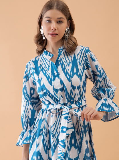 White & Blue Abstract Printed Flared Dress