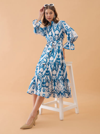 White & Blue Abstract Printed Flared Dress