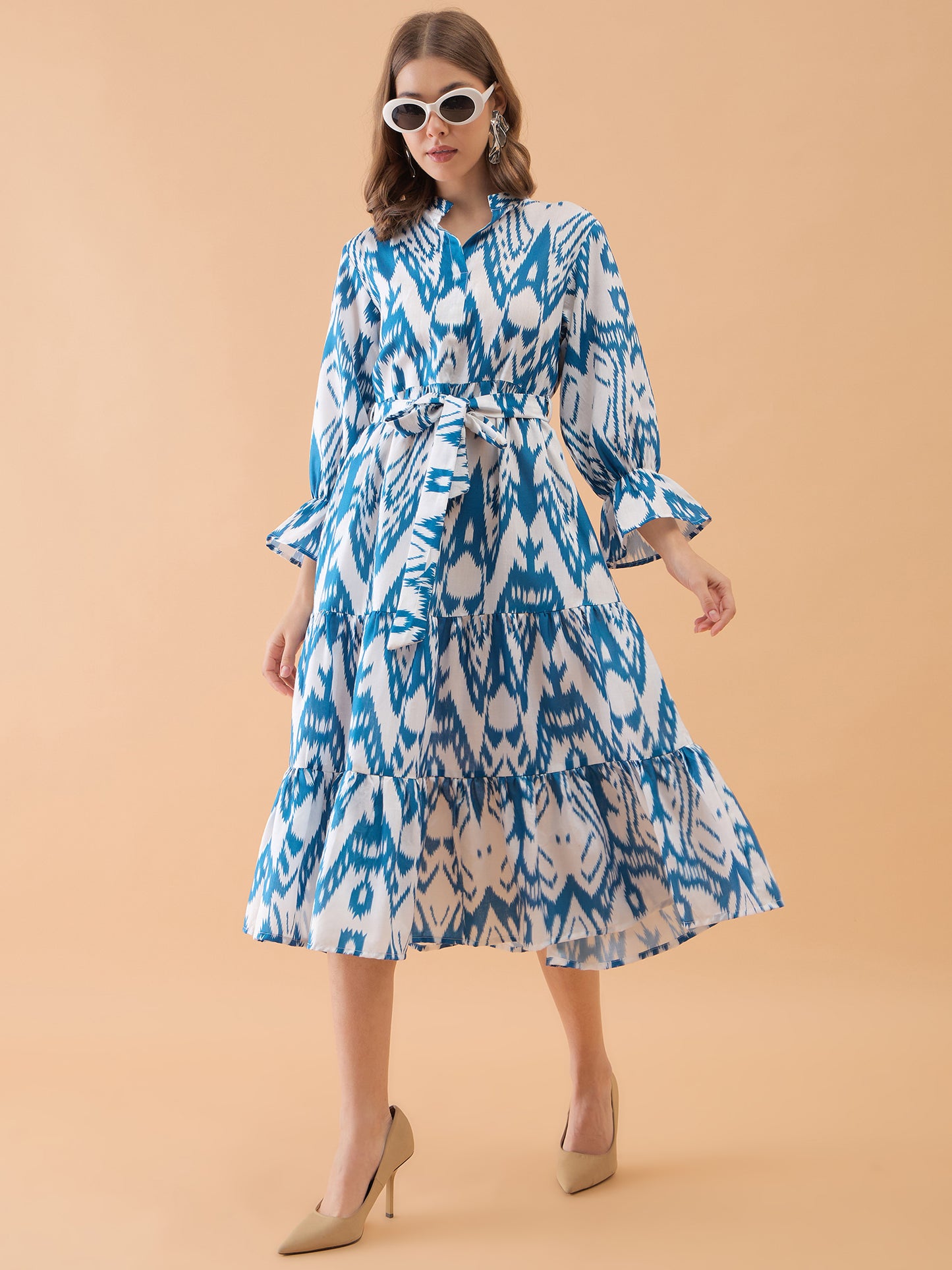 White & Blue Abstract Printed Flared Dress