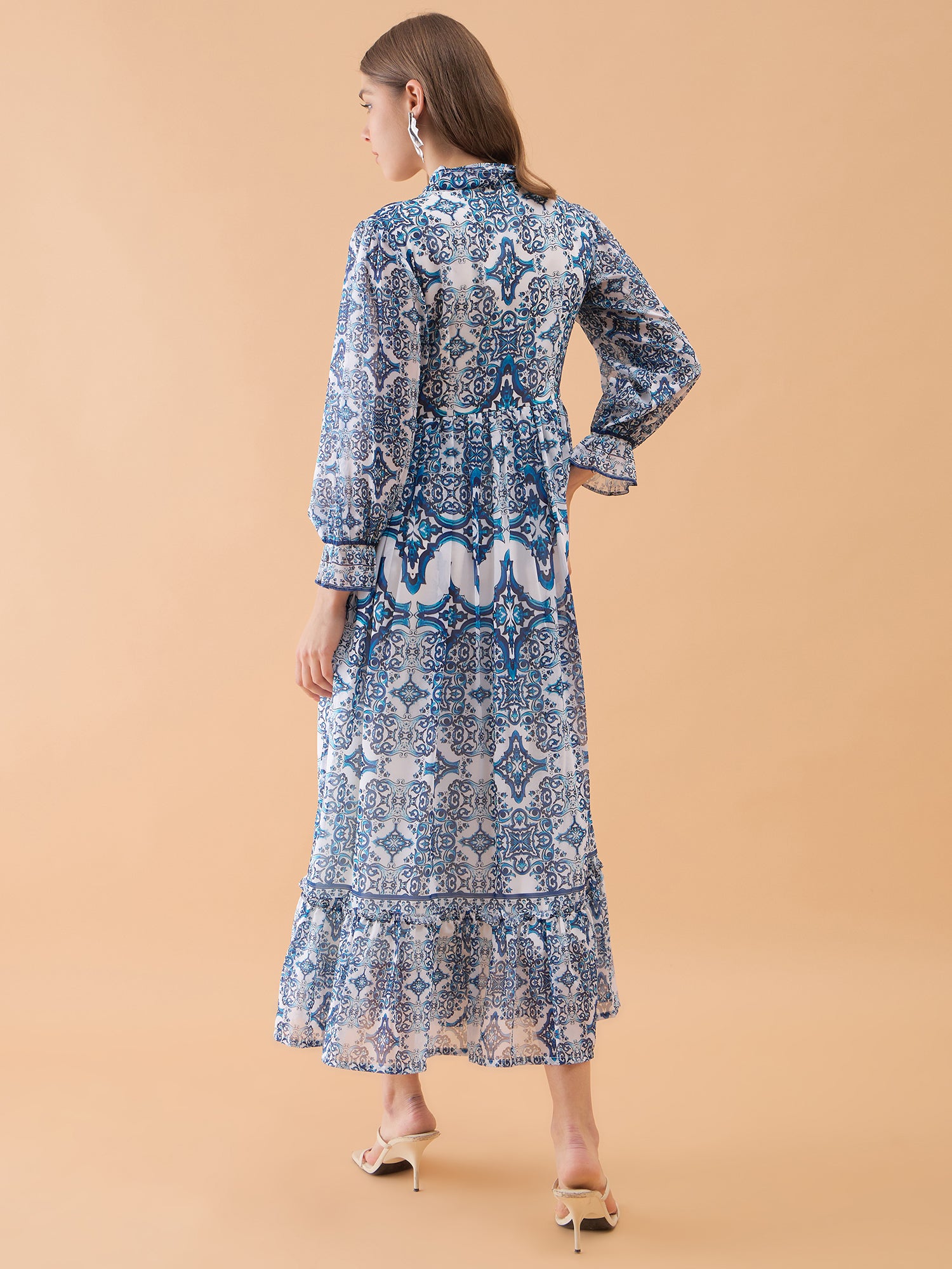 Blue Geomatric Printed Maxi Falred Dress