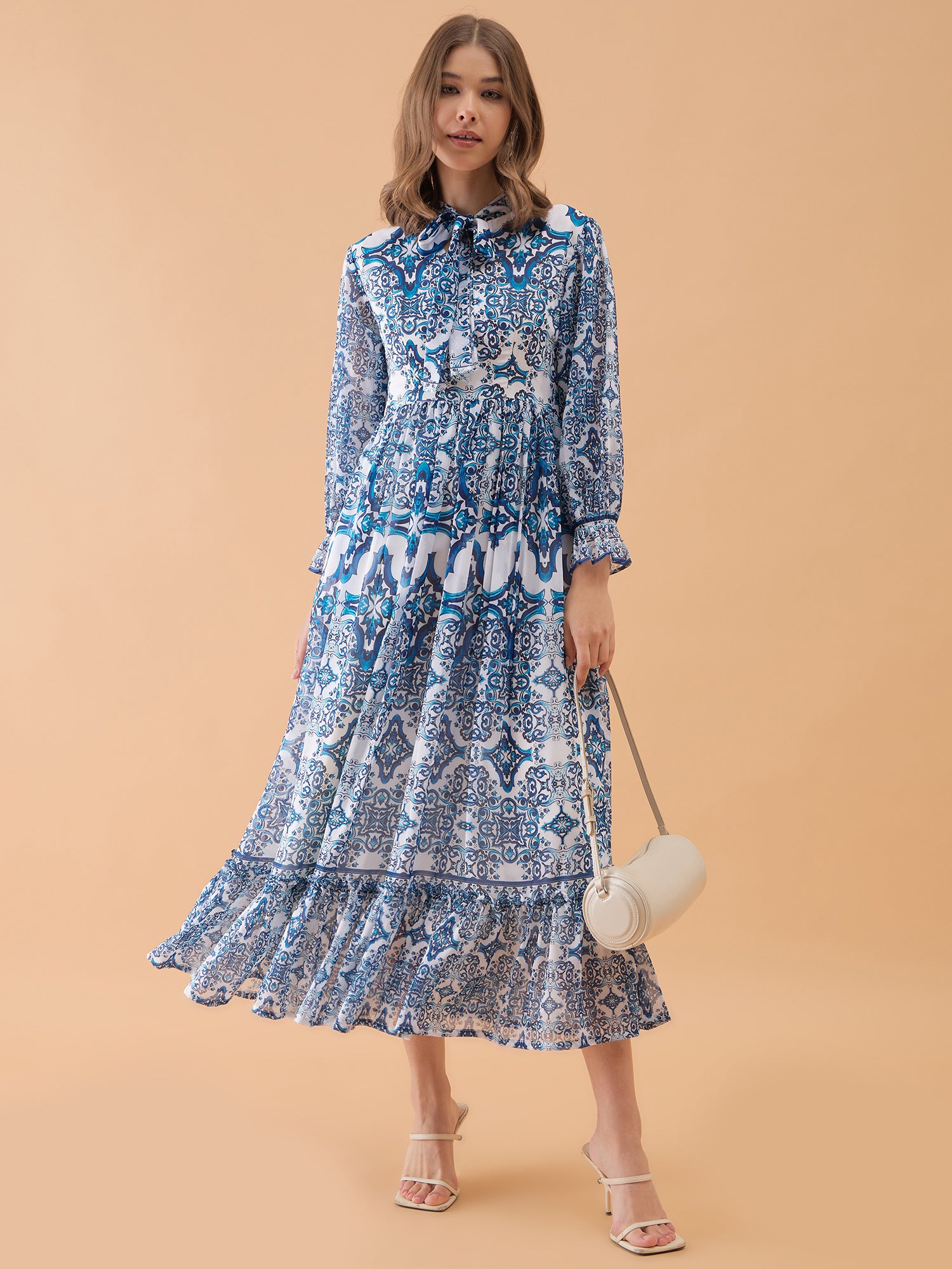 Blue Geomatric Printed Maxi Falred Dress
