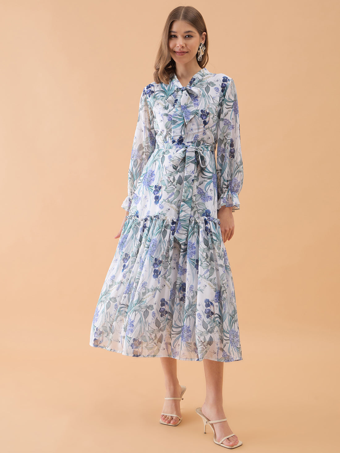 White Floral Printed Fit & Flared Dress – Octics