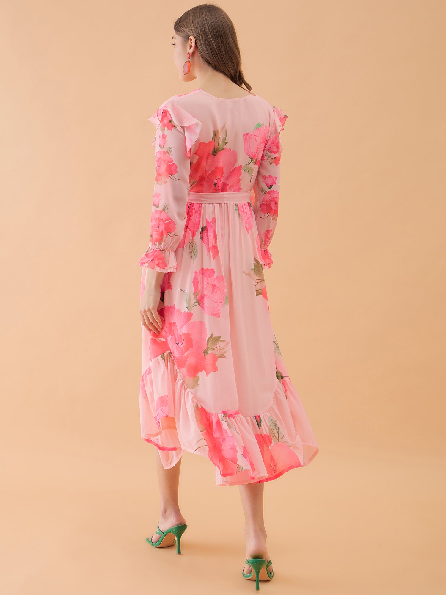 Light Pink Floral Printed High-Low Maxi Dress