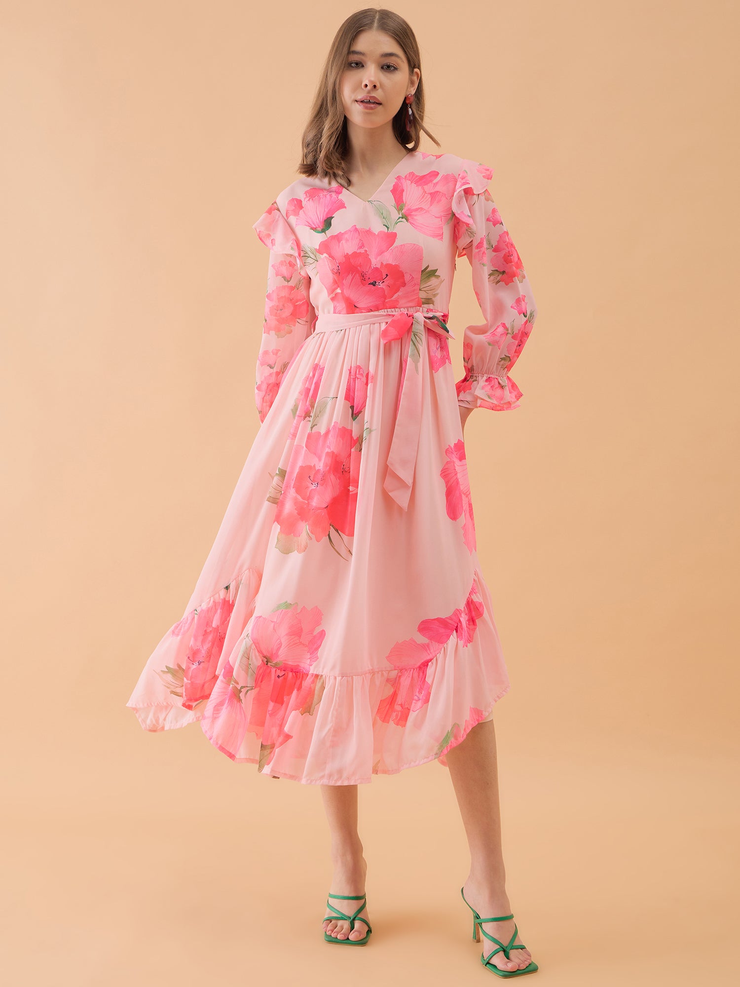 Light Pink Floral Printed High-Low Maxi Dress