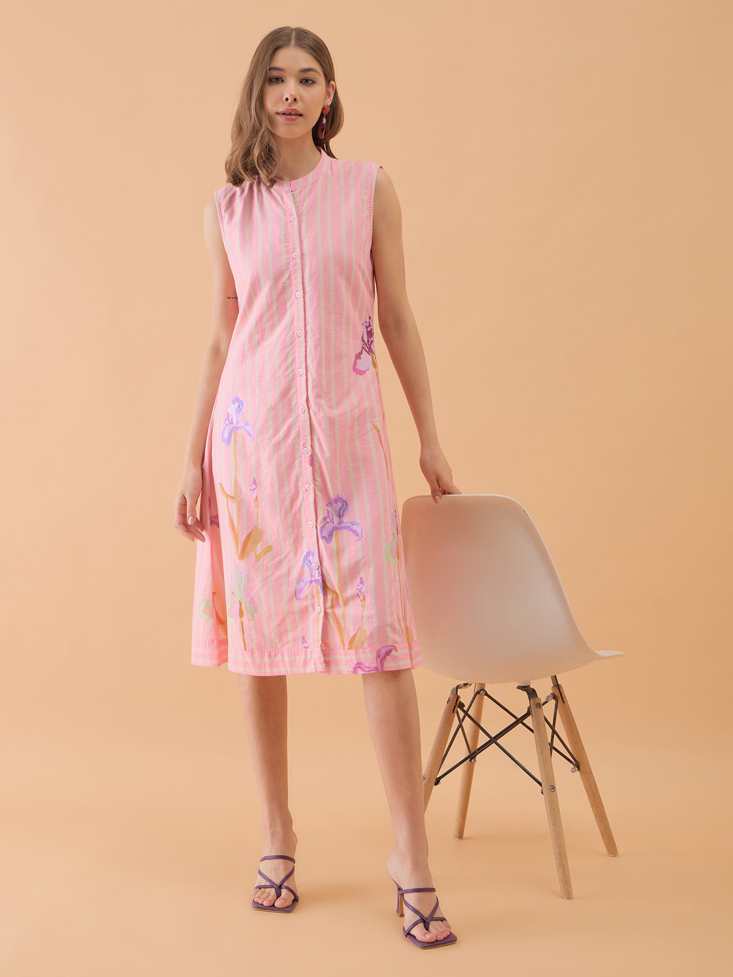 Pink Striped Printed A-Line Dress