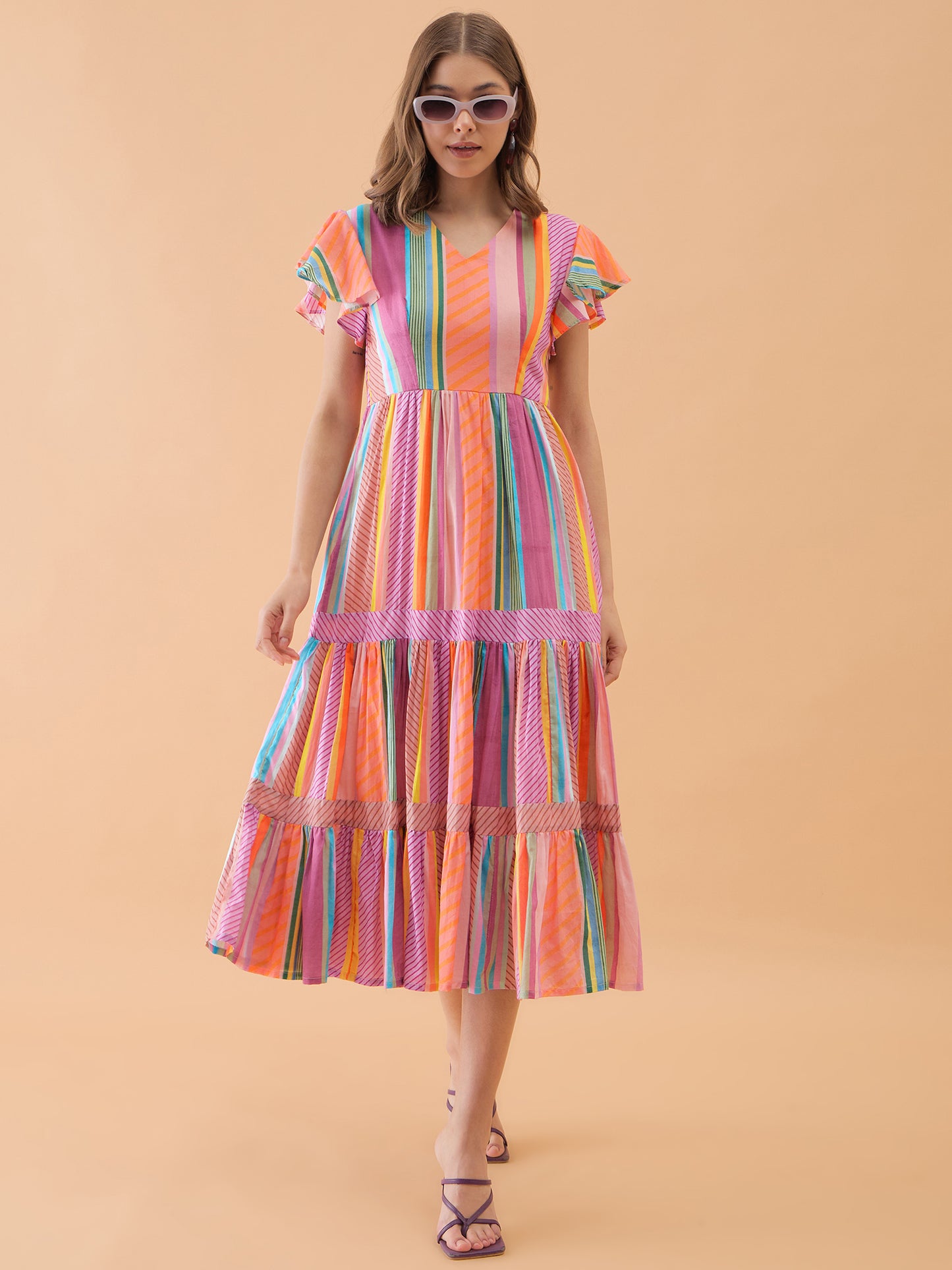 Multicolor Striped Flared Dress