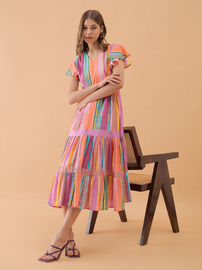 Multicolor Striped Flared Dress