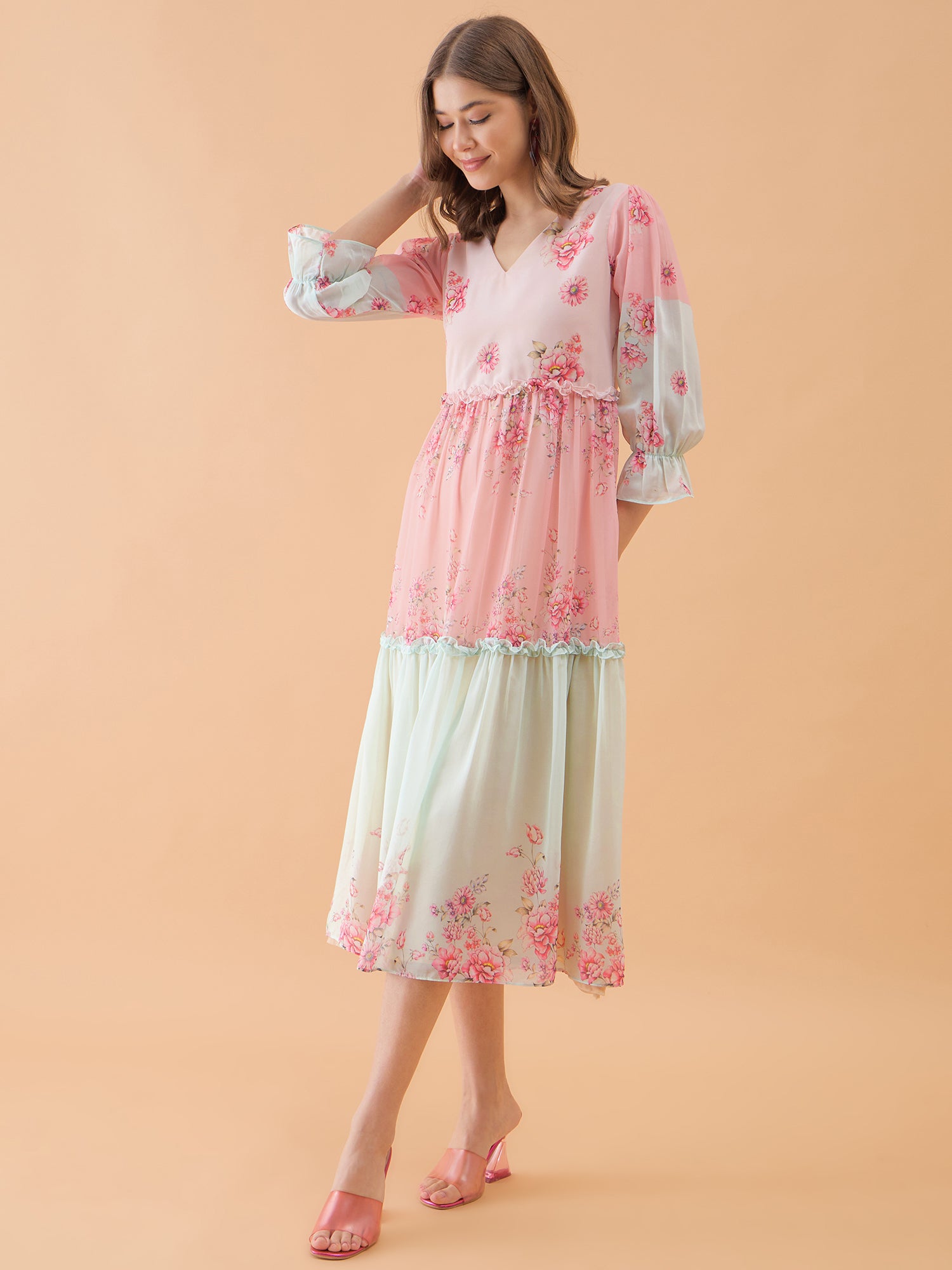 Multicolor Floral Printed Flared Dress