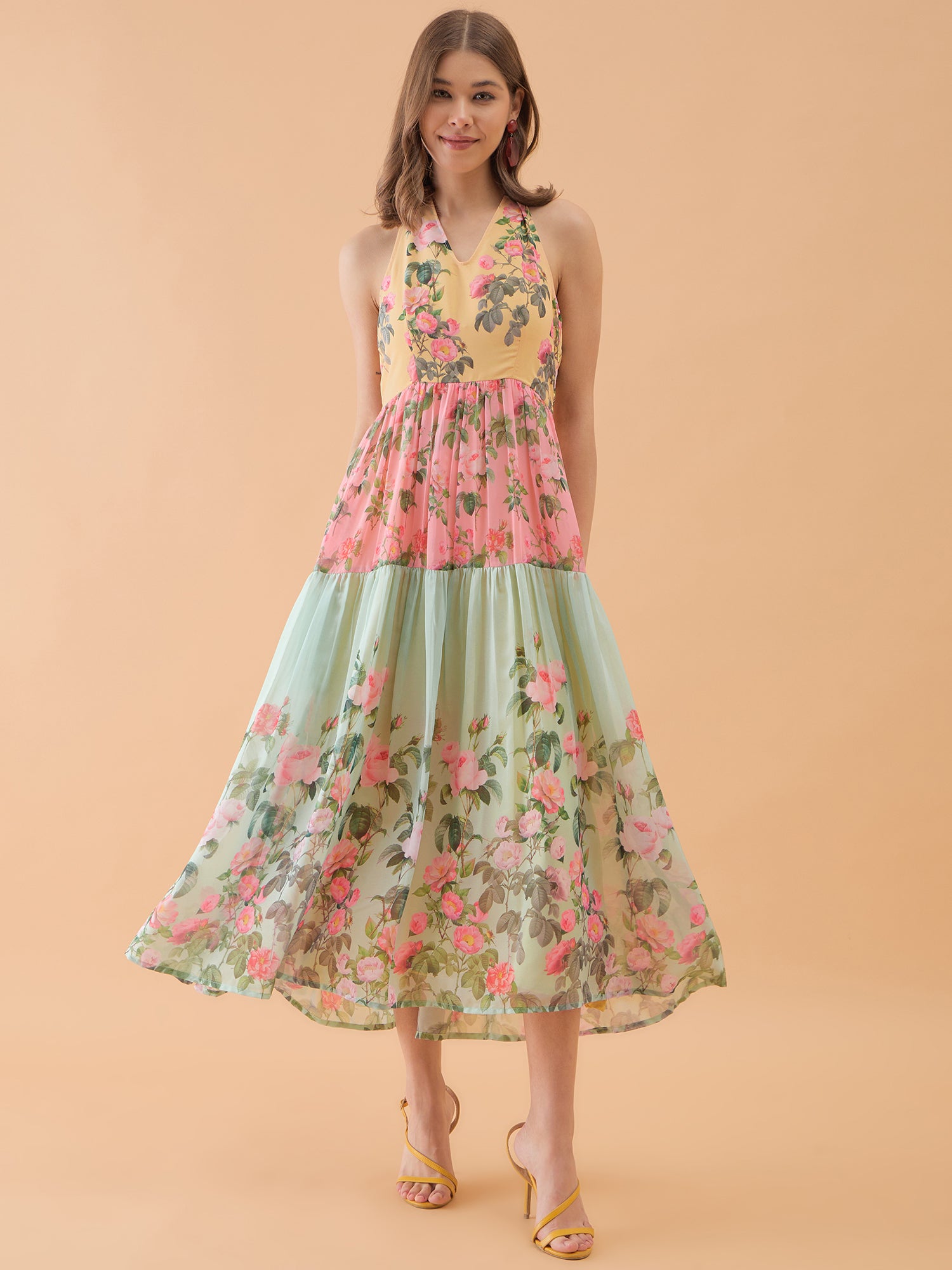 Multicolor Floral Printed Flared Backless Mixi Dress