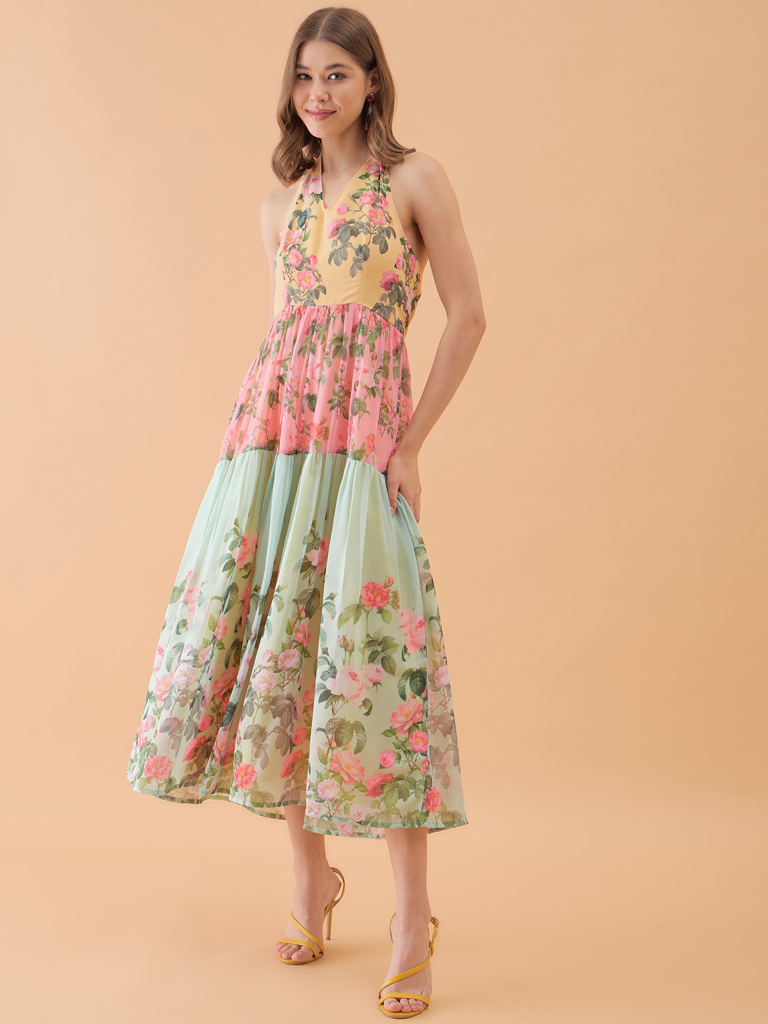 Multicolor Floral Printed Flared Backless Mixi Dress