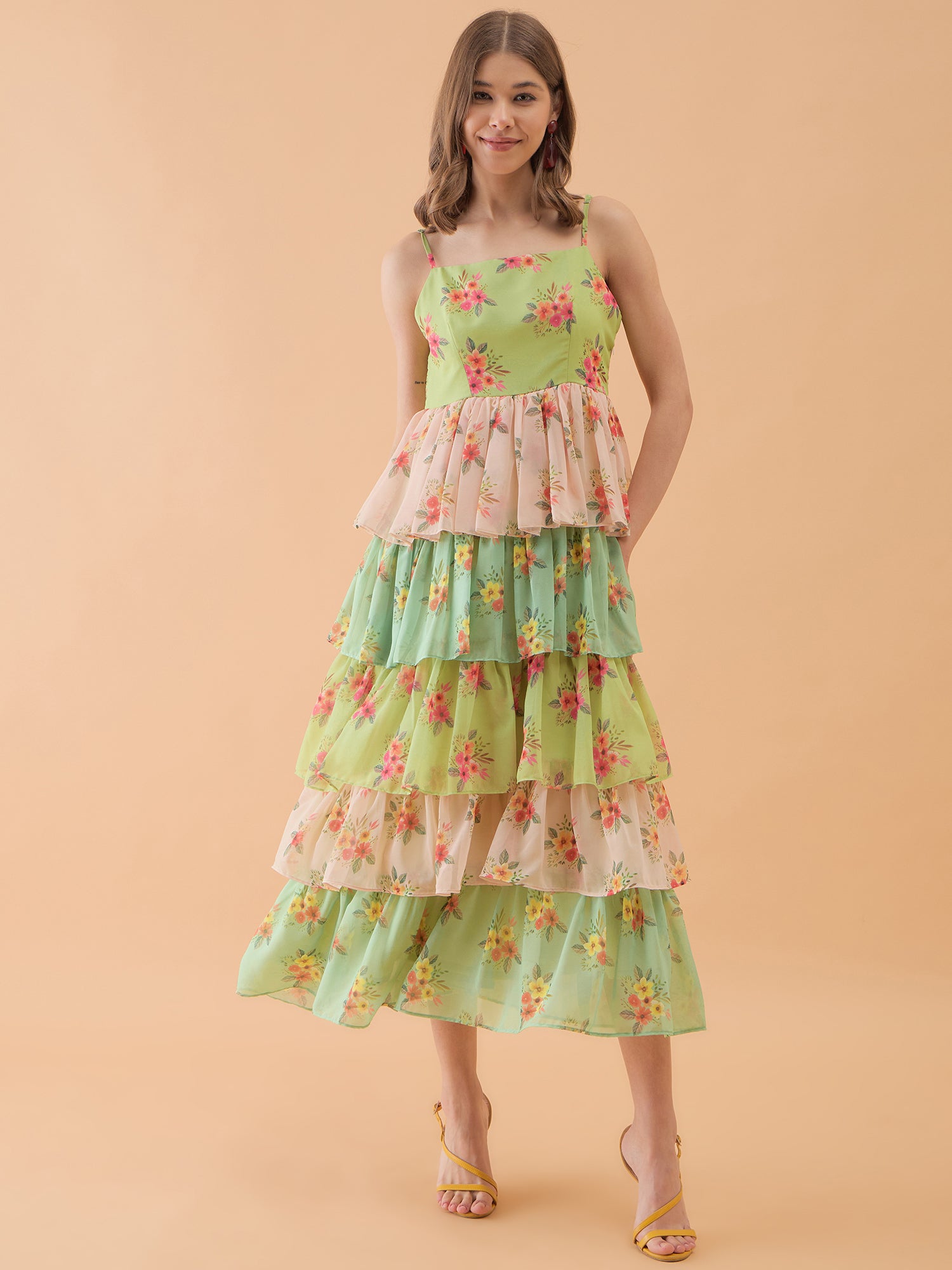Floral Printed Multi Layers Tierd Dress