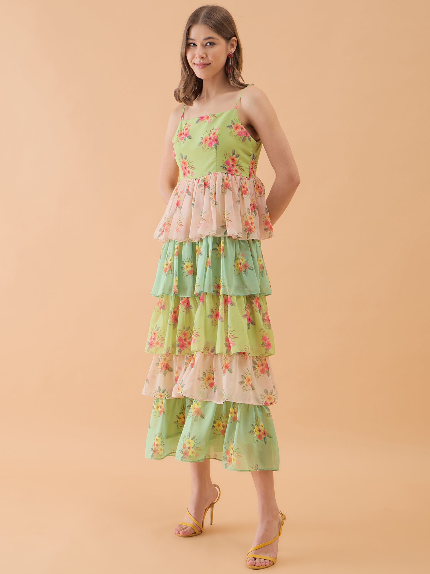 Floral Printed Multi Layers Tierd Dress