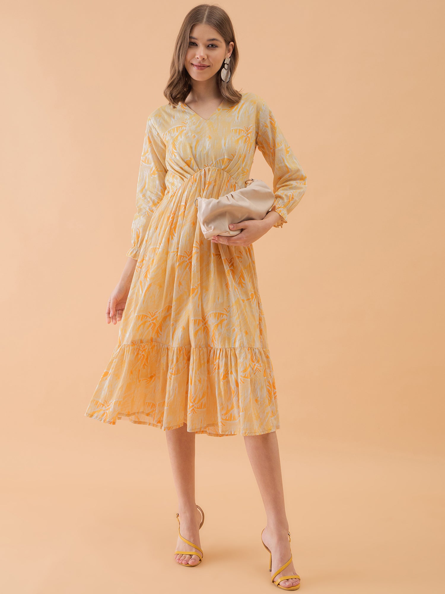 Abstract Yellow Printed Flared Dress