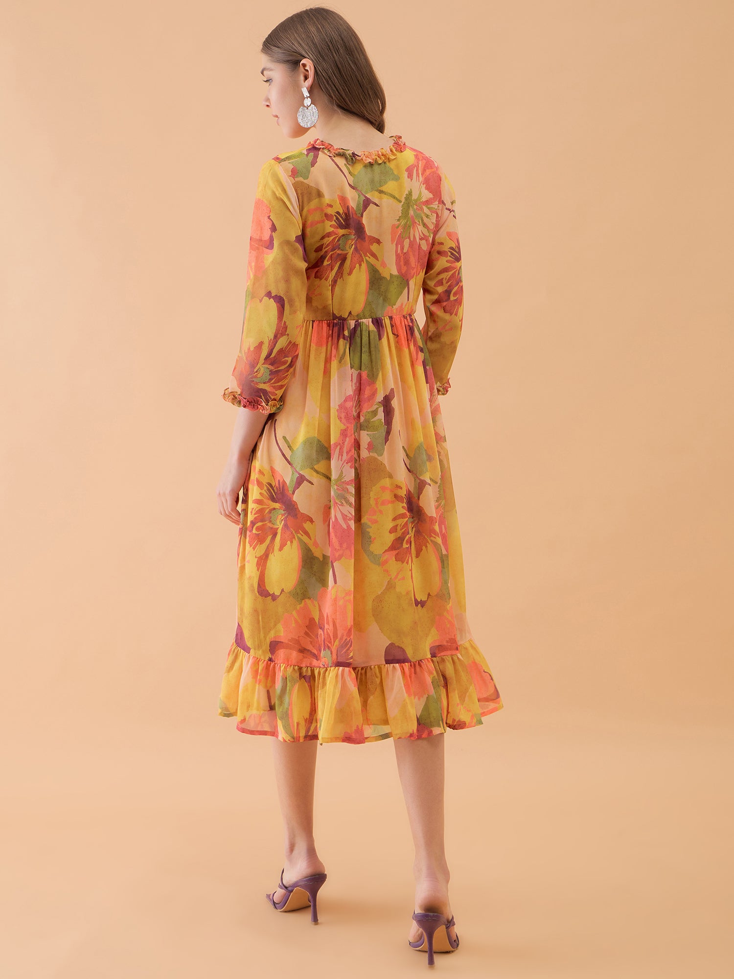 Yellow Floral Printed Frilled Midi Dress